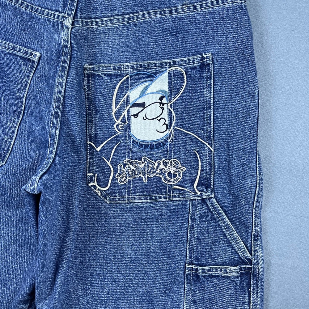 Southpole Mens Vintage Baggy Carpenter Denim Shorts Blue Embroidered Size 34 - Picture 2 of 10